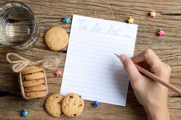 A handwritten to-do list on a table next to a child's toy, symbolizing household management tasks.