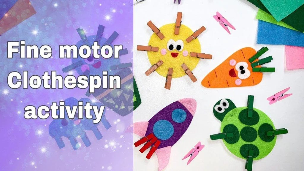 A collection of household items like pasta, clothespins, and a sponge arranged for a child's fine motor activity.