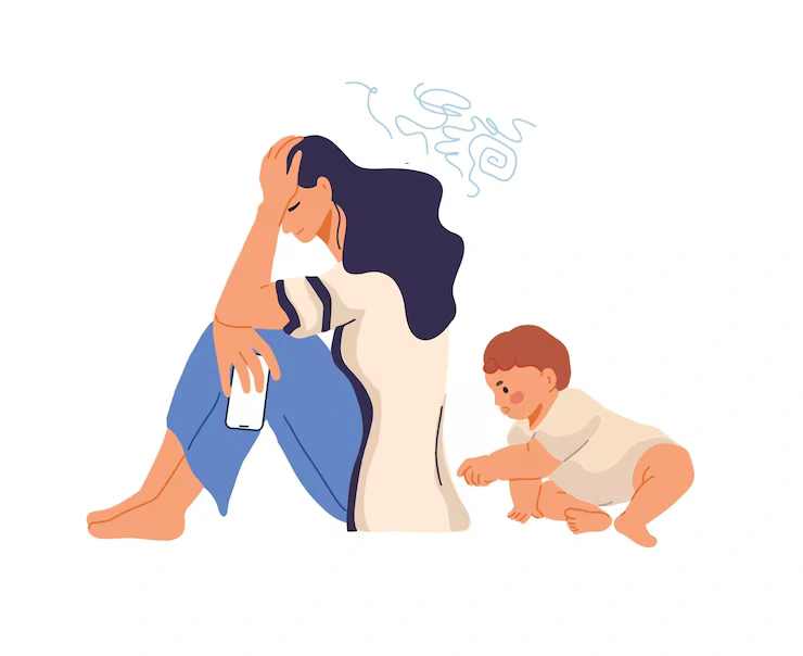 A tired parent rubbing their temples, illustrating the physical exhaustion and headaches associated with postpartum anxiety