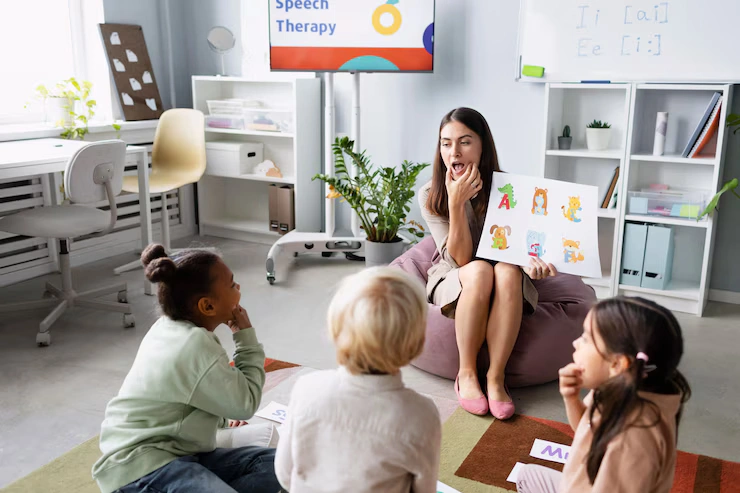 A kind speech therapist plays with a toddler during a gentle and reassuring language evaluation.