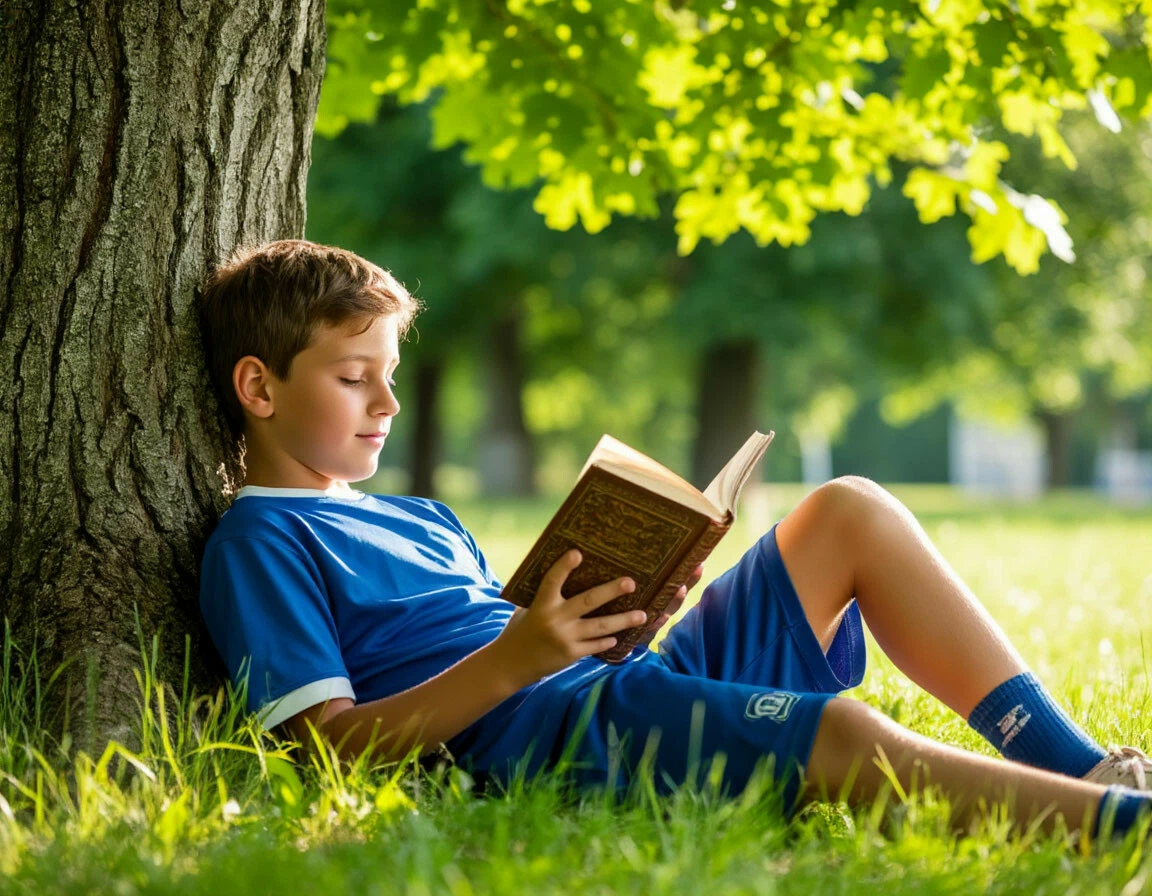 A child reading a book under a tree outdoors, enjoying a quiet screen-free moment in nature